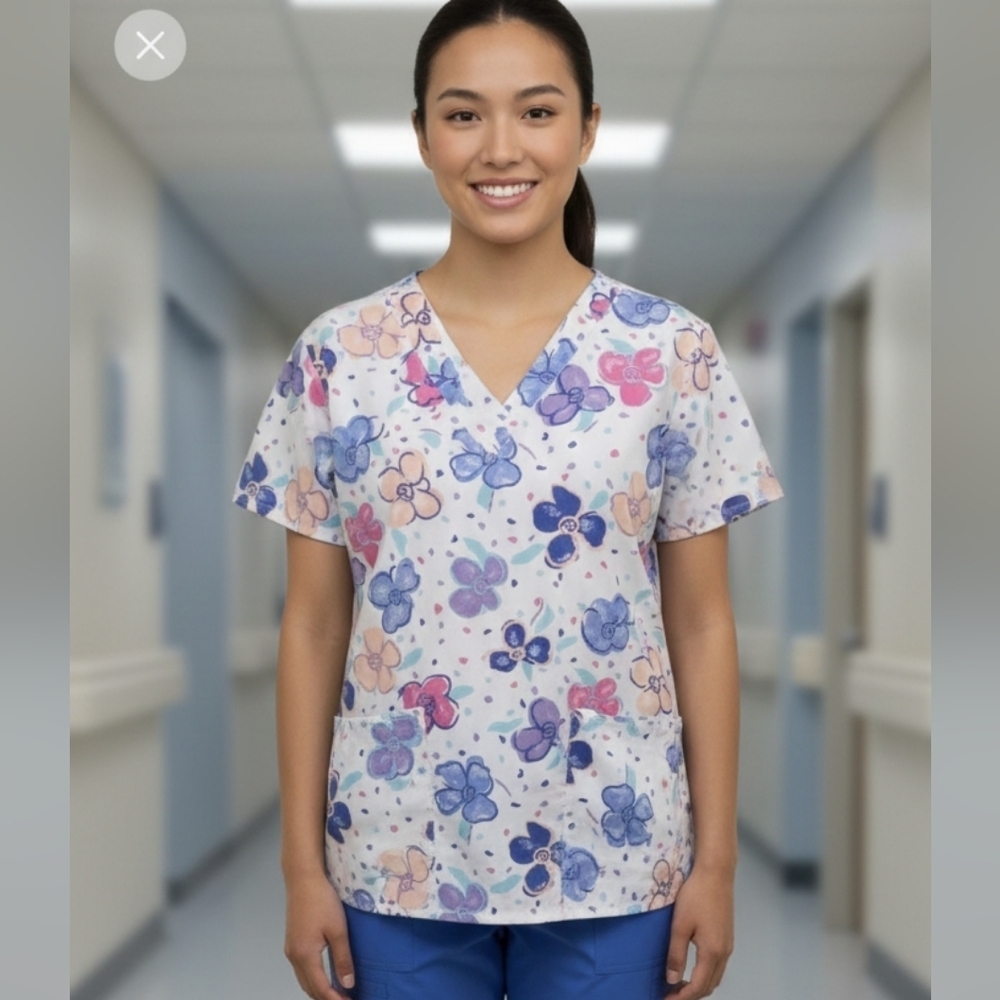 Crest Medium scrub top white with flowers